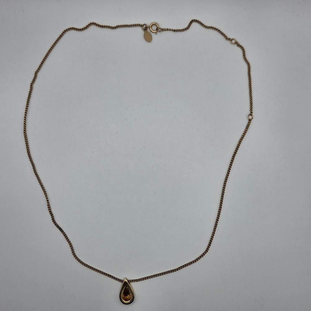Vintage Avon 1977 Orange Topaz Teardrop Pendant Necklace 20" Gold Tone